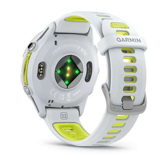 Смарт-годинник Garmin Forerunner 970 з титановим безелем, корпусом кольору білого каменю і біло-жовтим ремінцем
