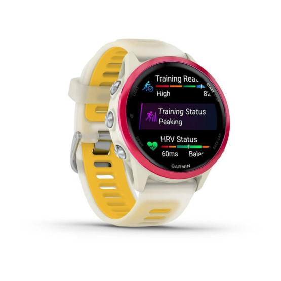 Смарт-годинник Garmin Forerunner 570 (42 мм), малиновий алюмінієвий безель з ремінцем кольору слонової кістки/манго