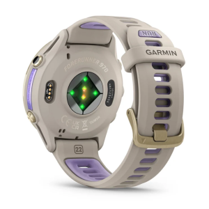 Смарт-годинник Garmin Forerunner 970 із золотистим титановим безелем, сірим корпусом і ремінцем кольору французький сірий/індиго