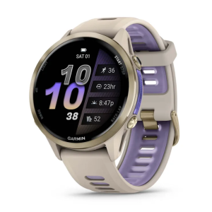 Смарт-годинник Garmin Forerunner 970 із золотистим титановим безелем, сірим корпусом і ремінцем кольору французький сірий/індиго