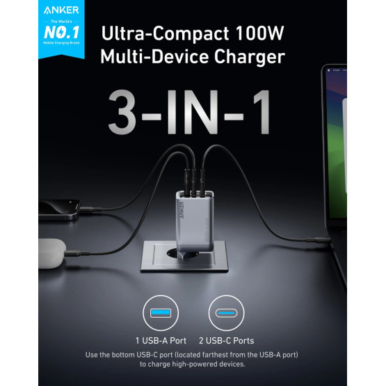 Зарядний пристрій Anker Prime Charger (100W, 3 Ports, GaN)