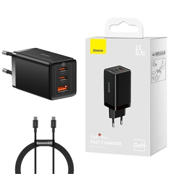 Зарядний пристрій Baseus GaN5 Pro Fast Charger 2C+U 65W Black w/Type-C to Type-C Зарядний пристрій Baseus GaN5 Pro Fast Charger 2C+U 65W Black w/Type-C to Type-C