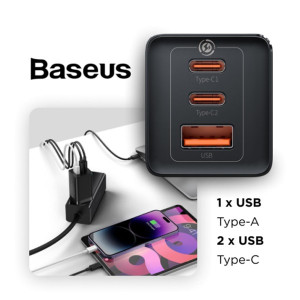 Зарядний пристрій Baseus GaN5 Pro Fast Charger 2C+U 65W Black w/Type-C to Type-C