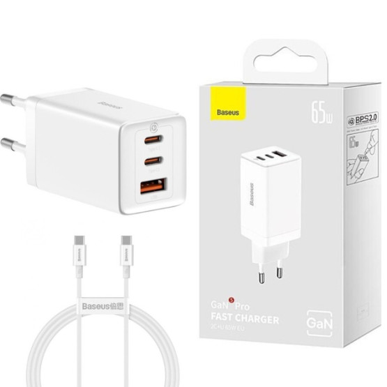 Зарядний пристрій Baseus GaN5 Pro Fast Charger 2C+U 65W White w/Type-C to Type-C