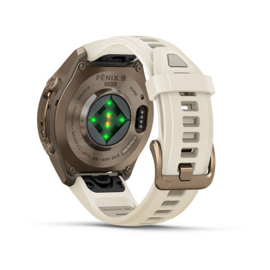 Смарт-годинник Garmin Fenix 9 Pro 43 мм AMOLED inReach Титан «осіннє золото» з кремовим/французьким сірим силіконовим ремінцем