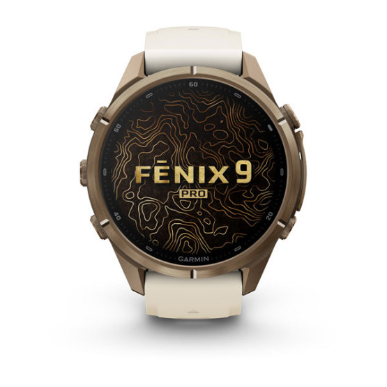 Смарт-годинник Garmin Fenix 9 Pro 43 мм AMOLED inReach Титан «осіннє золото» з кремовим/французьким сірим силіконовим ремінцем