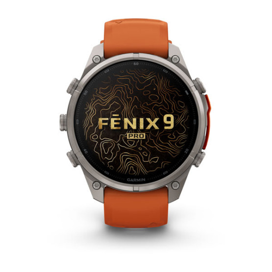 Смарт-годинник Garmin Fenix 9 Pro 47 мм AMOLED inReach Титановий з осінньо-помаранчевим/іскристо-помаранчевим силіконовим ремінцем