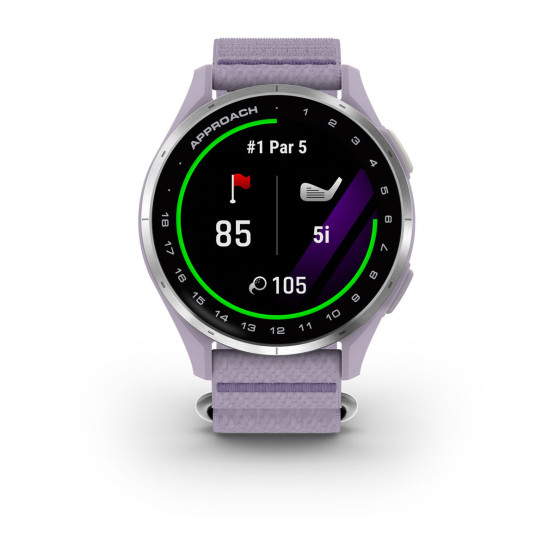 Гольф-годинник Garmin Approach J1, срібний безель із тканинним ремінцем ComfortFit Lilac
