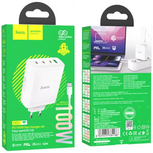 Зарядний пристрій Hoco N31 100w GaN PD 3xUSB-C/USB-A ports fast charger + USB-C to USB-C cable white