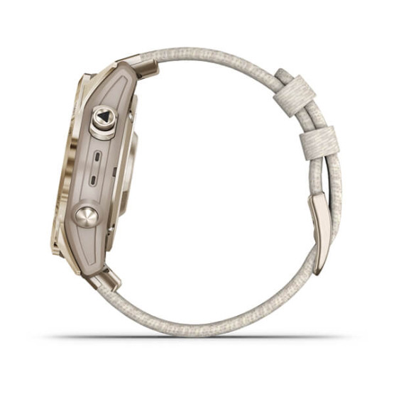 Garmin Fenix 7S,Sapphire Solar Cream Gold Titanium w/Cream Tethered Nylon (includes light sand silicone band)