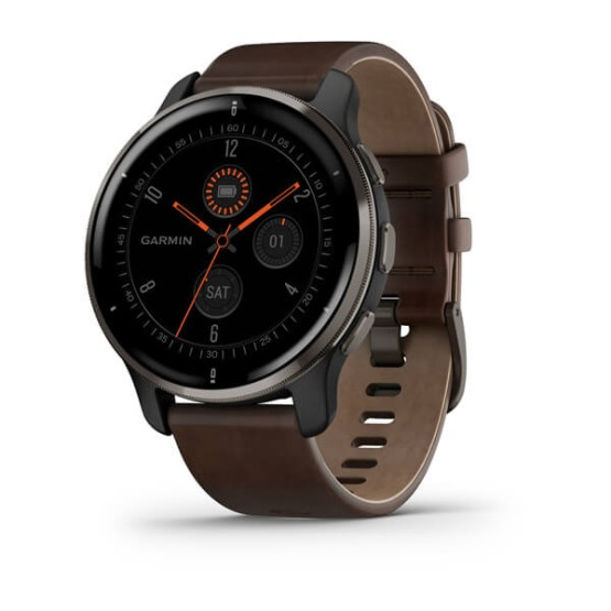 Garmin Venu 2 Plus Blue-Gray stainless Steel Bezel with Blue-Gray and Brown Leather Band
