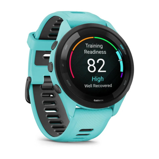 Garmin Forerunner 265 Black Bezel with Aqua Case and Aqua/Black Silicone Band