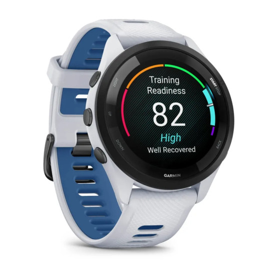 Garmin Forerunner 265 Black Bezel with Whitestone Case and Whitestone/Tidal Blue Silicone Band