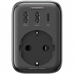 Мережевий зарядний пристрій з розеткою Ugreen CD314 GaN 30W 2USB-A+1USB-C+1AC Gray