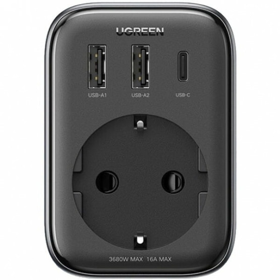 Мережевий зарядний пристрій з розеткою Ugreen CD314 GaN 30W 2USB-A+1USB-C+1AC Gray
