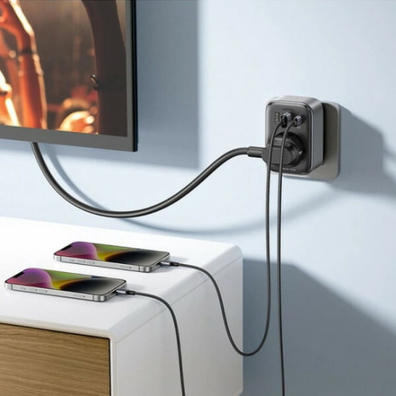 Мережевий зарядний пристрій з розеткою Ugreen CD314 GaN 30W 2USB-A+1USB-C+1AC Gray