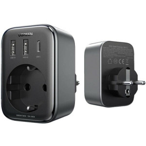 Мережевий зарядний пристрій з розеткою Ugreen CD314 GaN 30W 2USB-A+1USB-C+1AC Gray