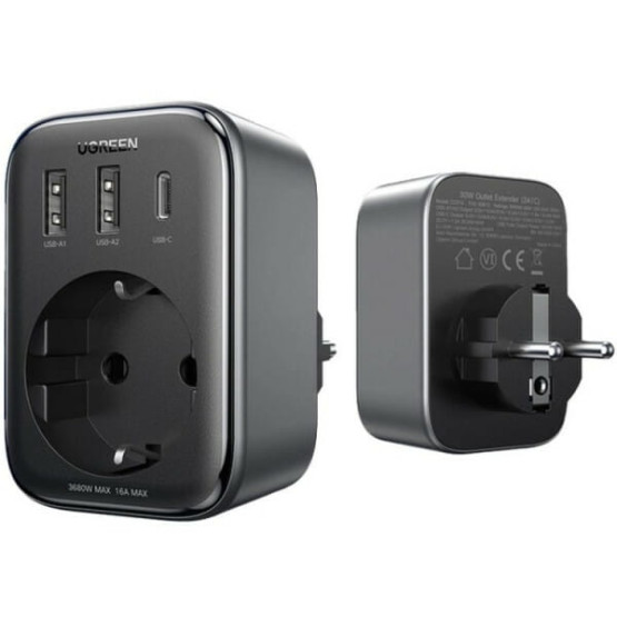 Мережевий зарядний пристрій з розеткою Ugreen CD314 GaN 30W 2USB-A+1USB-C+1AC Gray
